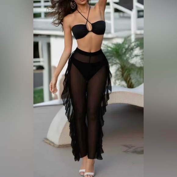 3pc Black Criss Cross Top Bikini Set with Sheer Mesh Ruffle Cover-Up Pants - Picture 6 of 8